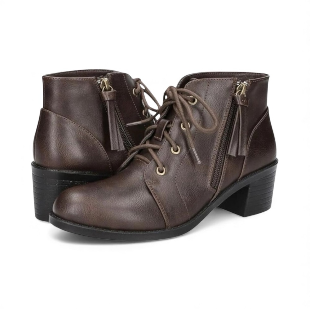 Easy Street Becker Lace Up Ankle Boots Faux Leather Brown 7.5 WW Extra Wide NEW